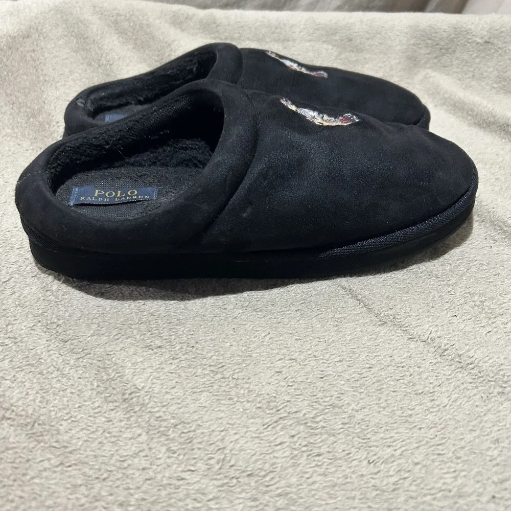 Polo Ralph Lauren Ski Bear Slippers Mens Size 8 Black Sled Scuff Faux Shearling